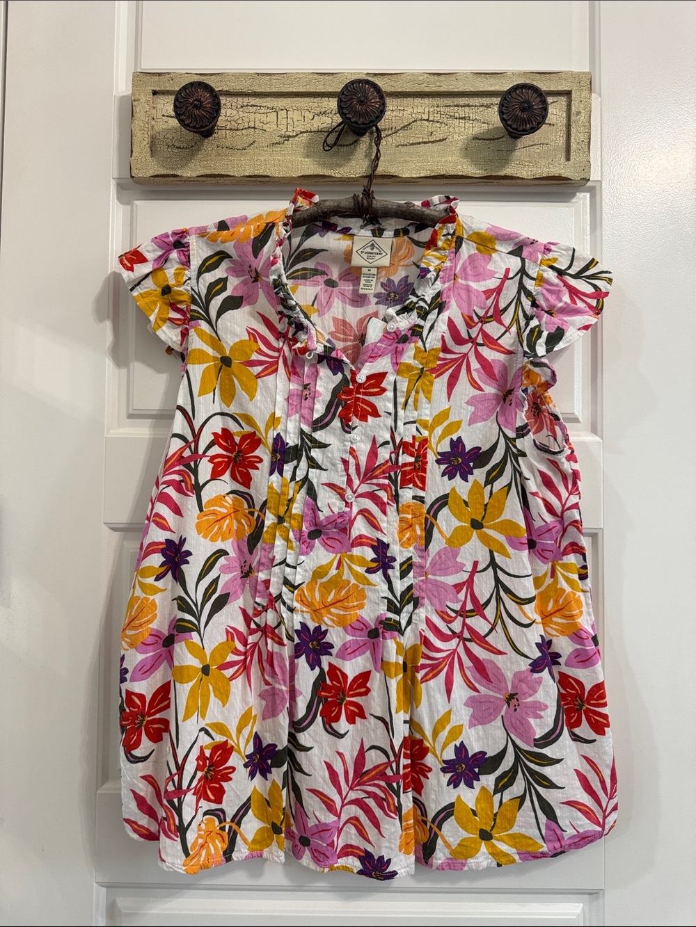 St. John's Bay White Floral Blouse with Pink, Yellow, Red & Purple Flowers